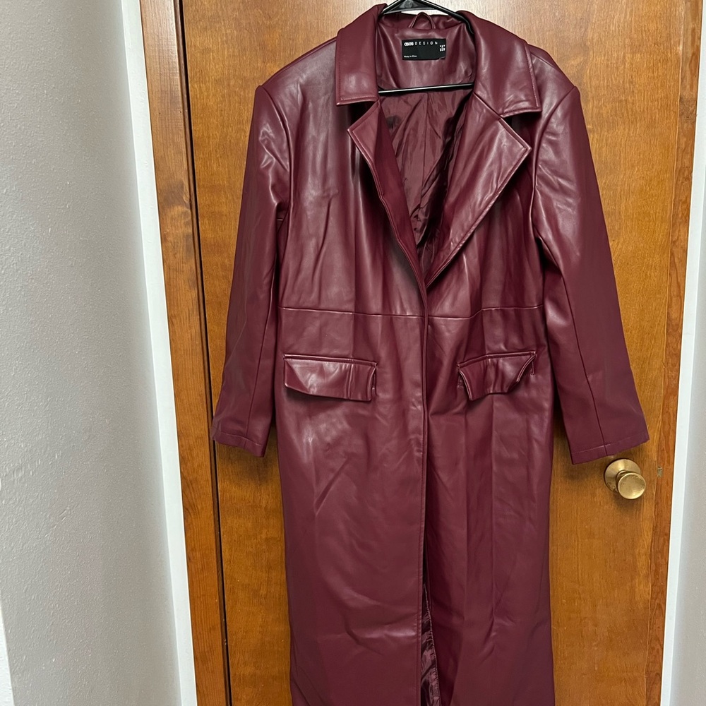 ASOS Design Burgundy Faux Leather Longline Trench Coat